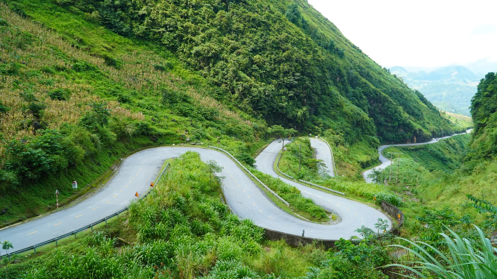 A two-lane mountain road doubling back on itself through three tight hairpin bends on a steep green slope, steel guardrail along the outer edge of each bend and yellow-and-black chevron boards on the apexes, a red-and-white kilometre post at the left verge, terraced maize on the hillside above and a further stretch of road visible in the haze down the valley to the right. No vehicles and no people are in the frame.